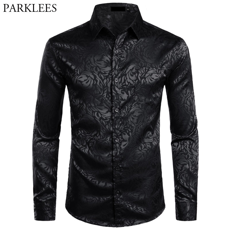 Men's Floral Black Dress Shirts 2022 Stylish New Long Sleeve Steampunk Shirt Men Party Club Bar Social Shirt Male Chemise Homme